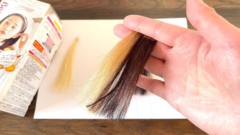 金毛束をビューティーラボ ホイップヘアカラー アンティークショコラで染めた仕上がりの色味