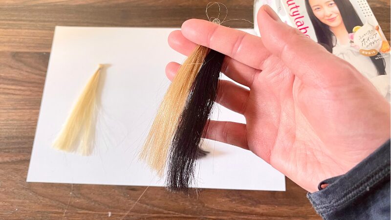 金毛束をビューティーラボ ホイップヘアカラー 髪色戻し ナチュラルブラックで染めた仕上がりの色味